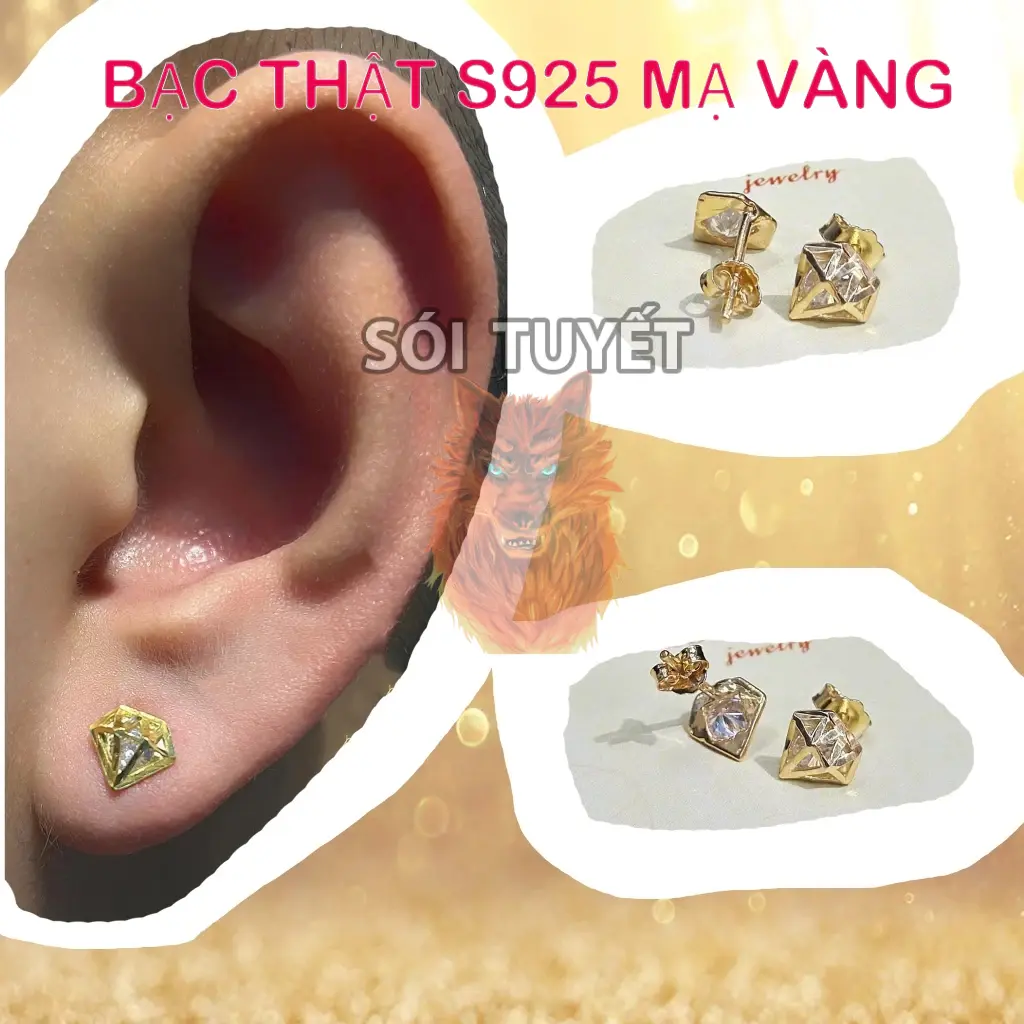 Khuyên tai nam Mạ Vàng 18k hình Kim Cương chất liệu Bạc 925 đính đá cao cấp Bông hoa tai nam mạ vàng
