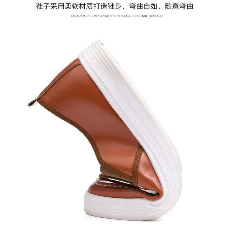 Giày Da Thường Ngày Cho Nam, Chống Thấm Nước, Không Trơn Trượt, Đế Mềm, Giày Đi Làm, Phong Cách Hàn Quốc, Dễ Phối Đồ, Giày Da Đế Bằng Màu Trắng, Giày Trượt Băng Lười 5