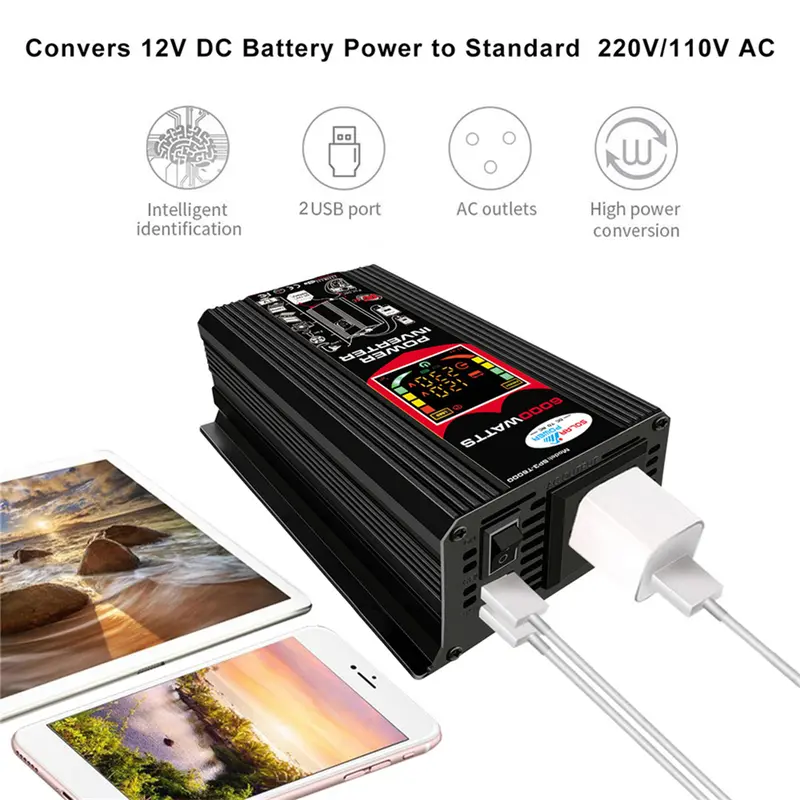 Biến tần ô tô, 6000W, DC 12V sang AC 110V 220V, Biến tần nguồn thông minh, với màn hình LCD 4