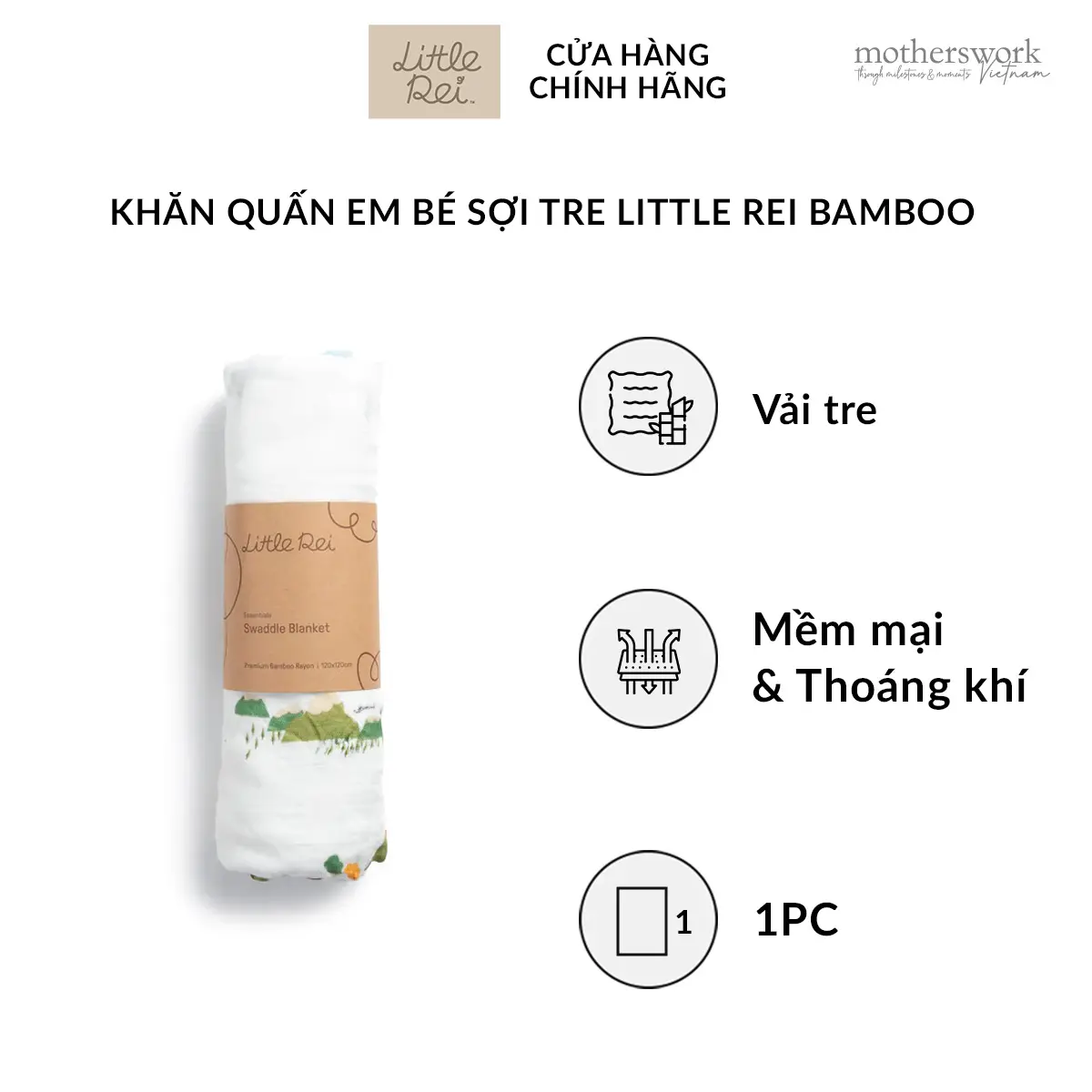 Khăn quấn em bé cao cấp Little Rei, 100% vải sợi tre tự nhiên, thoáng khí và mềm mại với làn da em bé, kích thước 120cm x 120cm - Little Rei Bamboo Swaddle Single.