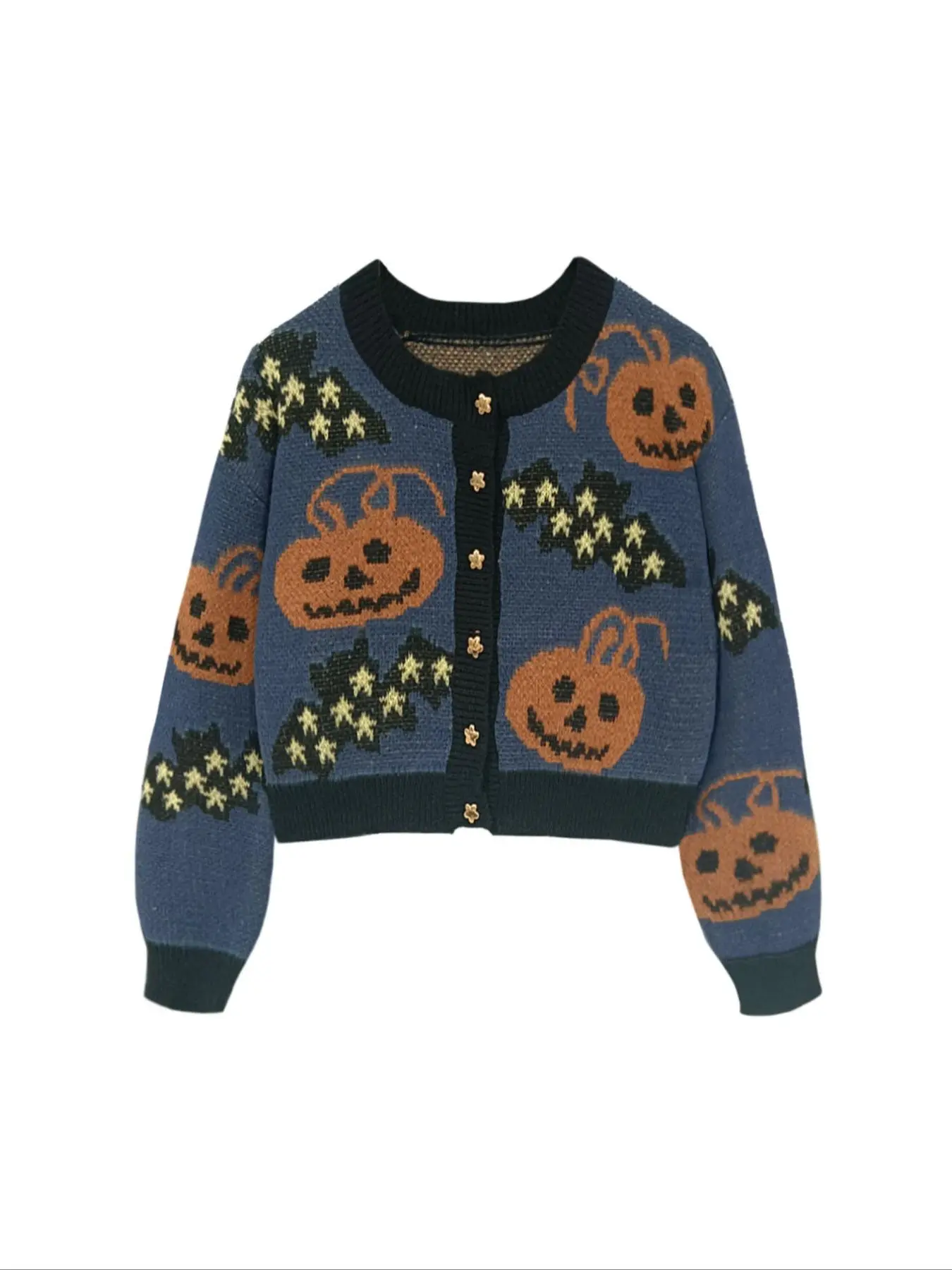 Women's Pumpkin Print Button Front Cardigan, Casual Long Sleeve Round Neck Knitwear for Fall & Winter, Fashion Ladies' Knit Clothing for Daily Wear