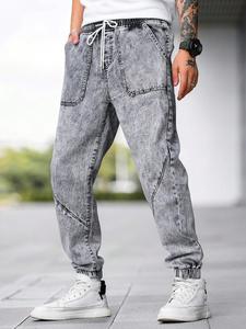 Men's Solid Color Adjustable Waist Jogger Jeans, Casual Comfy Denim Pants for Daily Wear, Fashion Men's Bottoms for All Seasons, Cotton