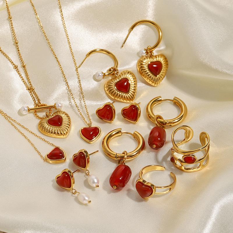 Vòng Cổ Trái Tim, Chất Liệu Thép Không Gỉ 18K, Mặt Dây Chuyền Và Hoa Tai Agate Đỏ, Phong Cách Độc Đáo Nhẫn, Cao Cấp 0