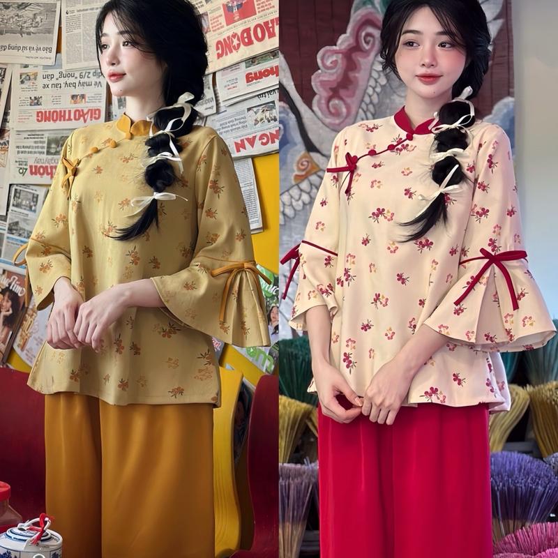 [Ảnh Thật] Set Áo Nhung Hoa Nhí Kết Nơ Tay Loe Dáng Xoè Phối Quần Lụa