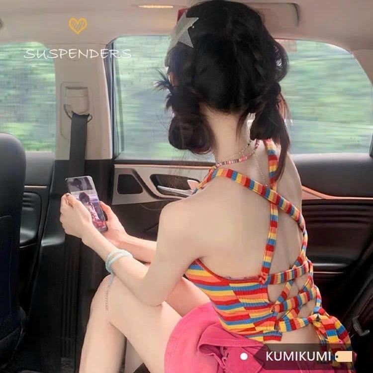 Áo 2 dây nữ thun tăm hoạ tiết cầu vồng đan lưng (3097#)