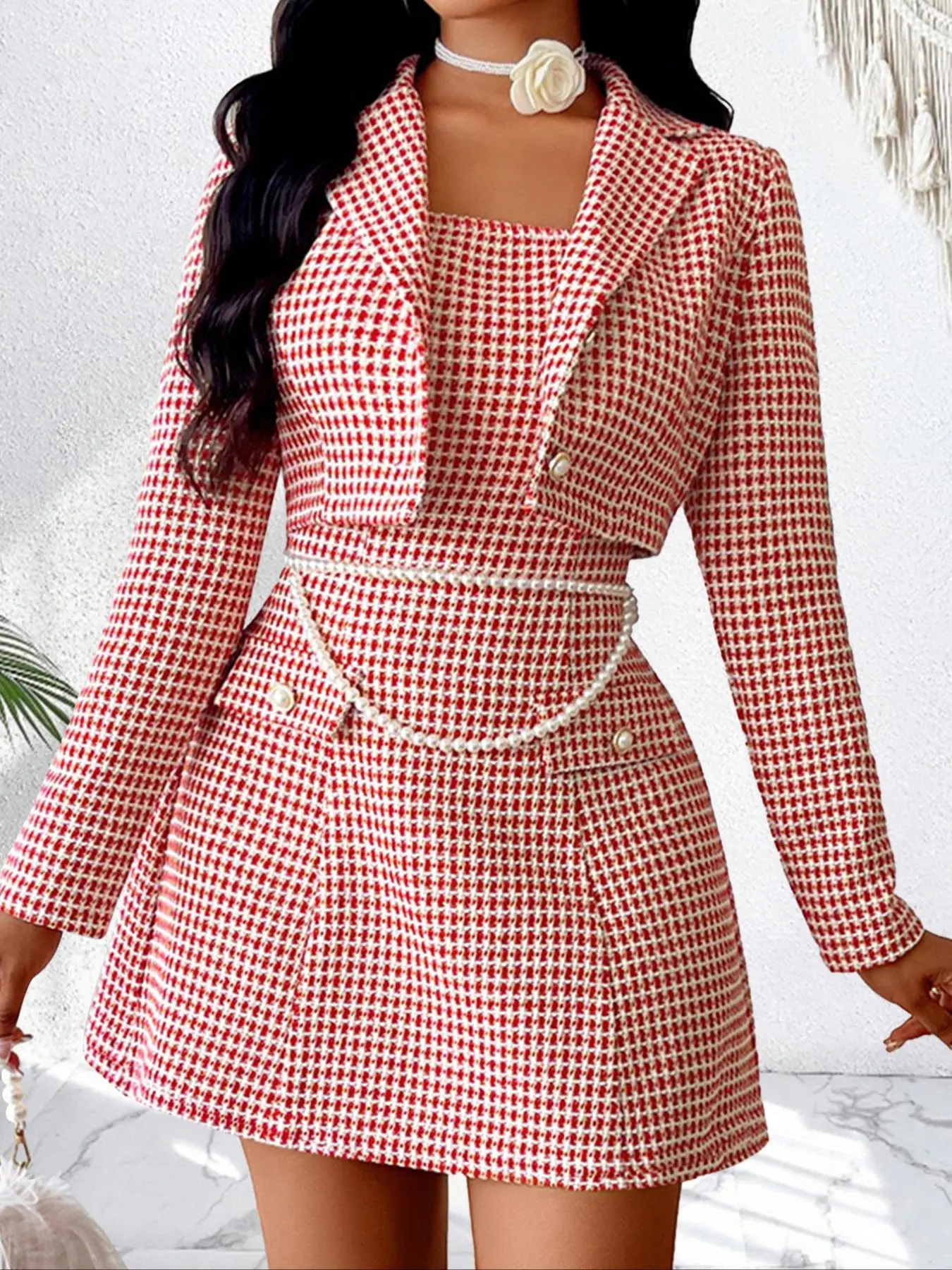 Aliling Women's Button Front Crop Blazer & A-line Dress Two-piece Set, Elegant Fashion Casual Tweed Outerwear & Dress for Daily Outdoor Wear, Ladies Clothes for Spring, Co-ords Set