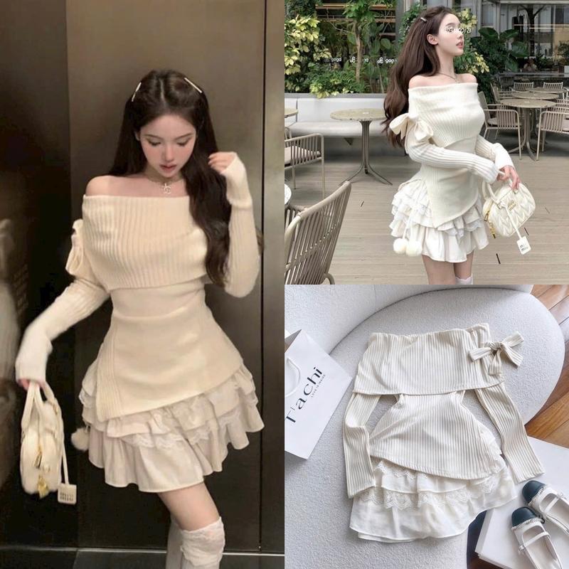 SET ÁO GÂN LỆCH VAI CỘT NƠ + CHÂN VÁY REN TẦNG