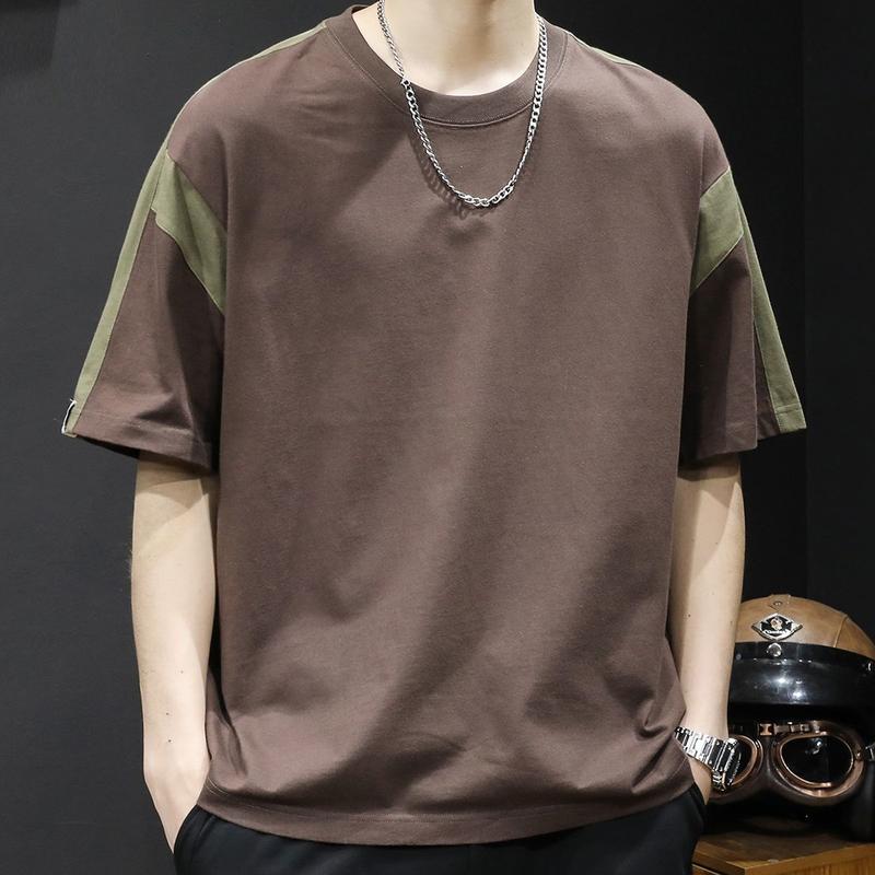 2023 New Summer Trendy Japanese Style Patchwork Color Block Regular Shoulder Short Sleeve T-Shirt Men Drop Shoulder Half Sleeve Men's Youth T-Shirt 1