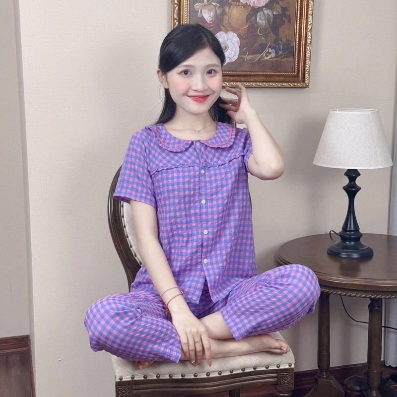 (38kg-68kg) Đồ bộ kẻ sọc quần dài cho Nữ, cổ sen phối ren vải kẻ lông mềm hàng thiết kế phối bèo bigsize Women Top Áo Quần Ngủ 8