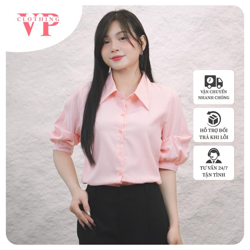 A212 - Áo Sơ Mi Nữ Kẻ Sọc Tay Lỡ VP Clothing, Kiểu Dáng Basic, Thiết Kế Đơn Giản, Dễ Phối Đồ