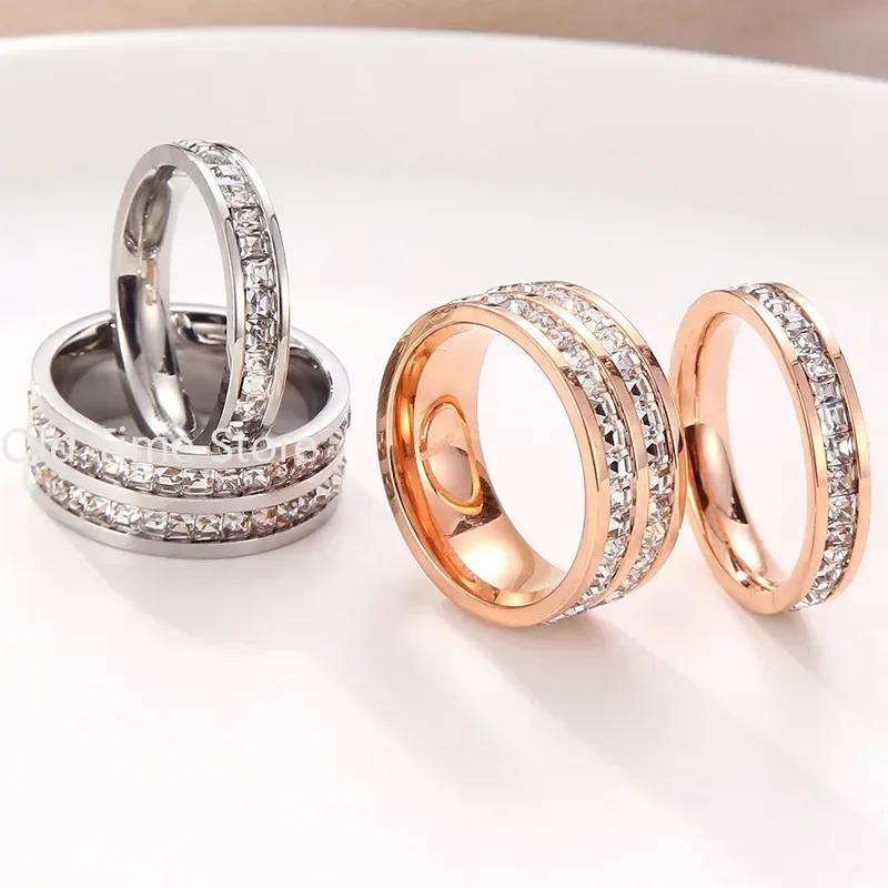 Hot Sale Double Crystal Woman Fashion Ring Rose Gold Color Filled Titanium Steel Rings for Women Female Fine Jewelry 0