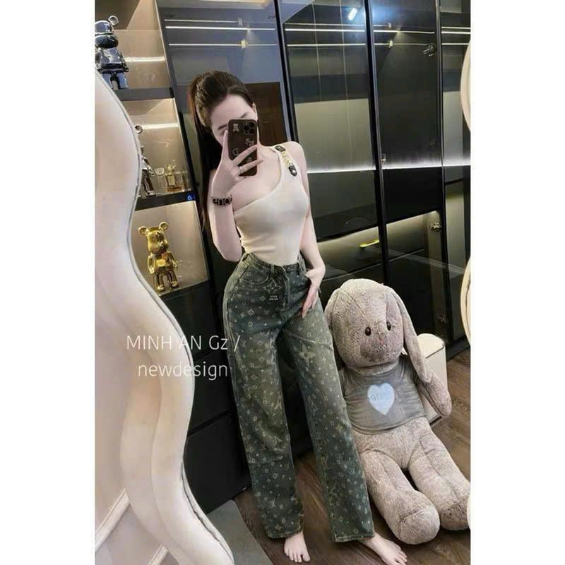 Quần Bò Jeans Nữ họa tiết sang chảnh Dáng Suông Lưng Cao Tôn Dáng  Cao Cấp Women 3