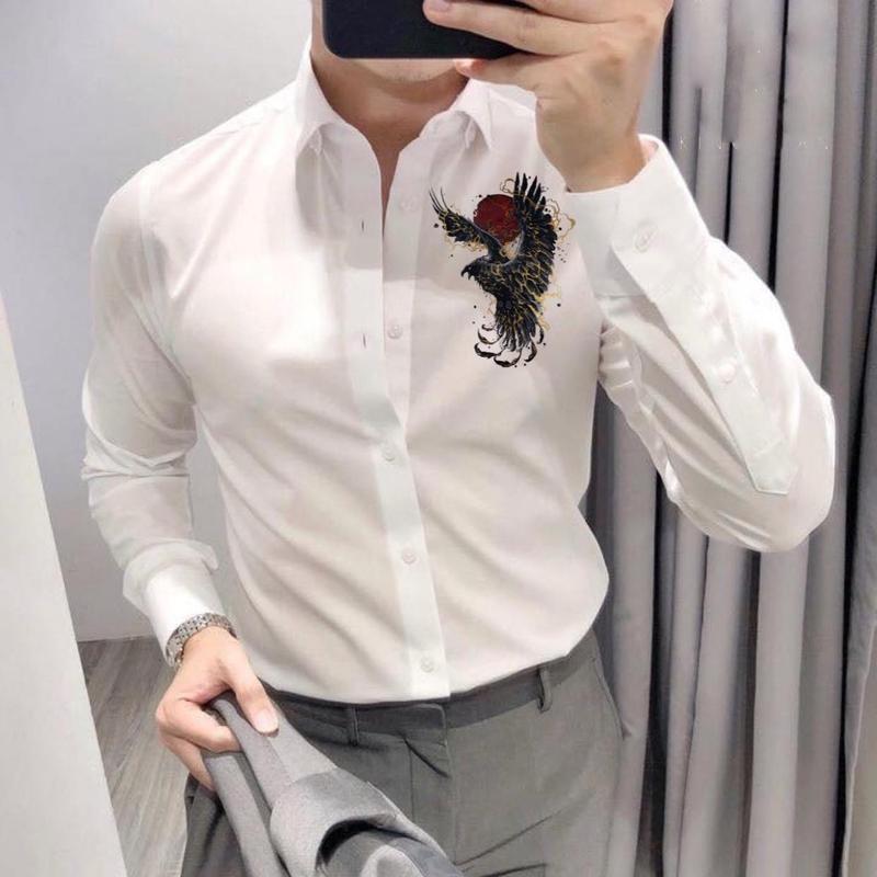  Áo sơ mi nam vải lụa in Đại Bàng 3D Menswear Trắng 