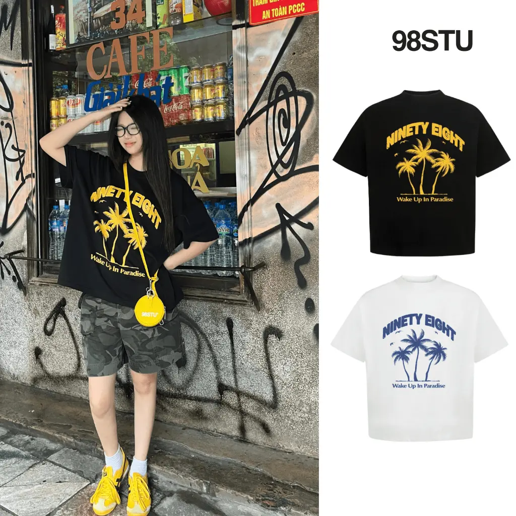 Áo thun unisex nam nữ boxy Palm 98stu vintage  cotton 250gsm bo cổ dày dặn