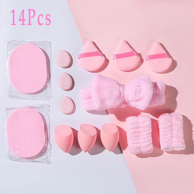 Dry & Wet Use Makeup Sponge & Powder Puff Set, 14/15pcs Bow Design Headband & Wristband & Makeup Sponges & Powder Puffs, Multi-functional Makeup Tools for Women & Girls, Valentine's Day Gift, Makeup 3