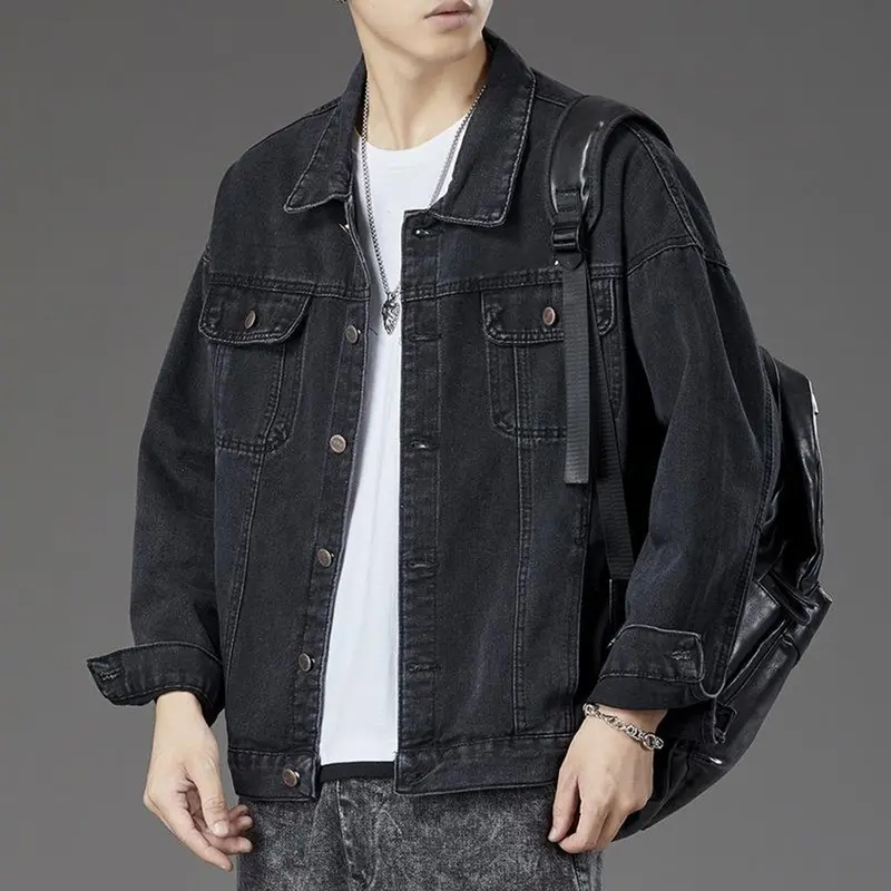 Áo khoác JEANS nam nữ màu Đen kiểu IN chữ AJ007, vải Denim dày co dãn không ra Màu Menswear Jacket Có Túi Có Cổ 1