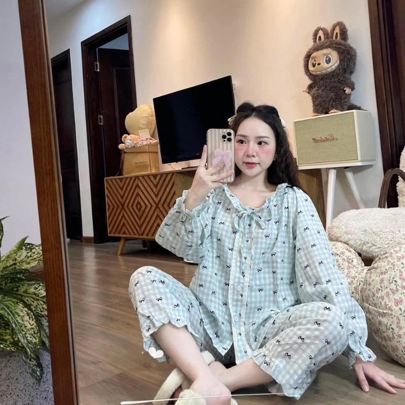 Đồ Bộ Ngủ Nữ Chất Đũi Mềm Mềm Mịn Dài Tay Free size 40 - 60kg 4