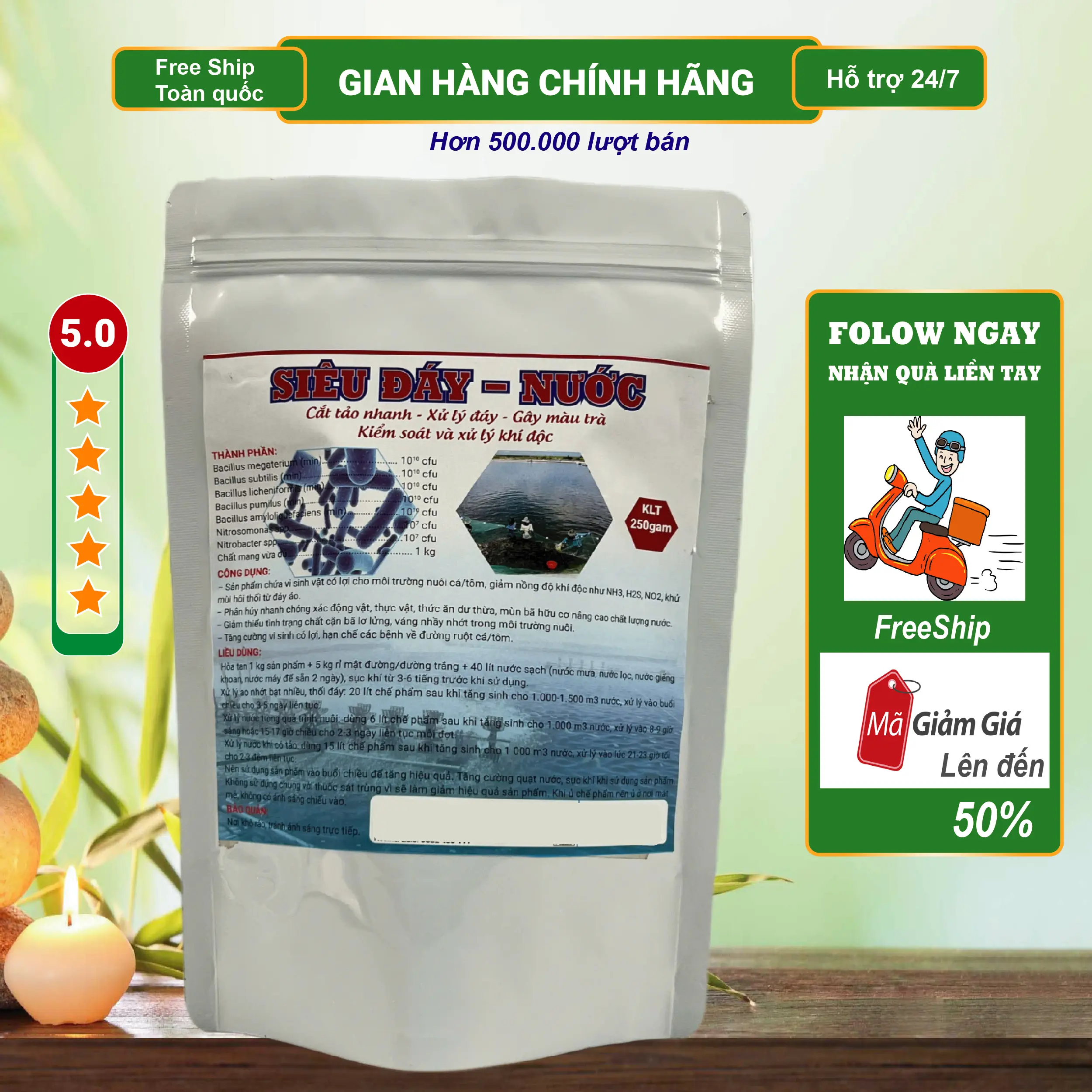 Vi sinh Siêu Đáy - Nước 250gam - Cực kỳ hiệu quả cho nuôi tôm ao bạt - Tạo màu trà, xử lý rong rêu, nhớt bạt, thối đáy, phân hủy mùn bã hữu cơ dư thừa trong ao nuôi