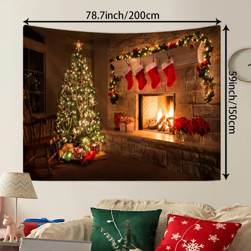 Christmas Fireplace Pattern Tapestry, 1 Count Christmas Themed Photography Background Cloth, Christmas Party Supplies, Home Decor 4