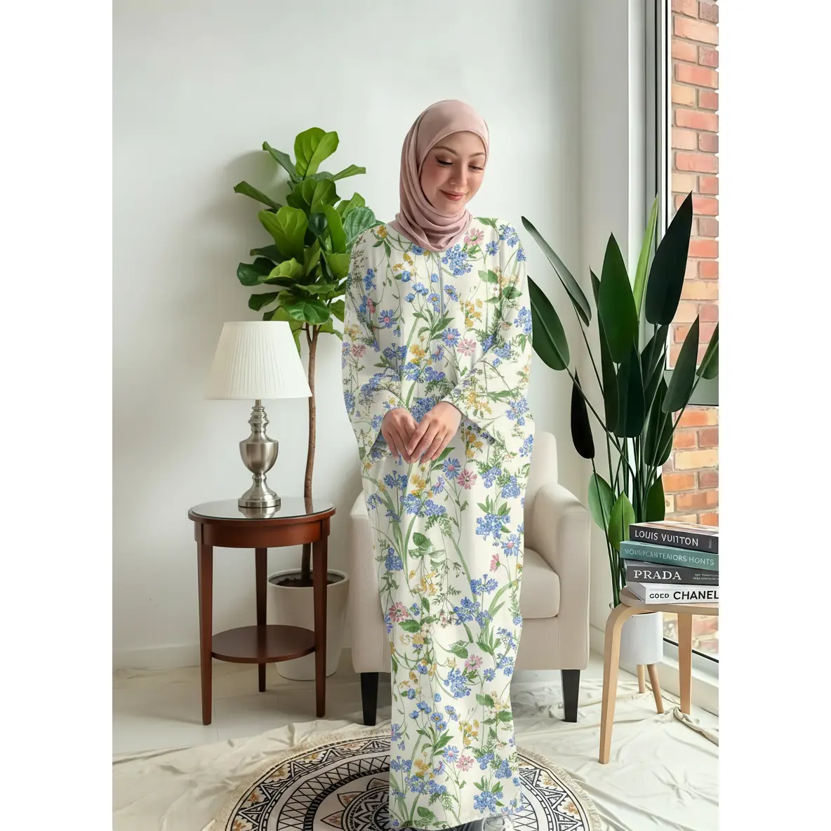 Loose-fitting maxi dress featuring a vibrant color-block floral pattern | Light blue base with Loose-fitting maxi dress featuring a vibrant color-block floral pattern | Light blue base with