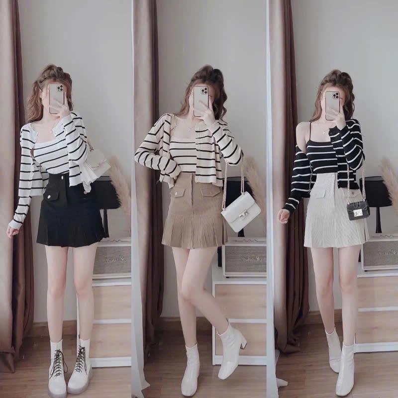  chân váy xếp ly chất nhung tăm 