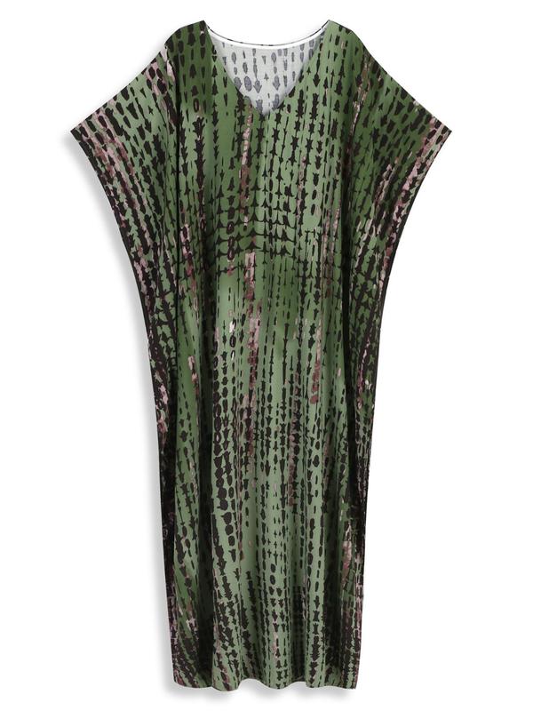 Plus Size Geometric Striped Print Batwing Sleeve Split Hem Tunic Dress, Casual V Neck Half Sleeve Cover Up Dress for Summer, Women's Clothes for Beach Holiday Vacation 5
