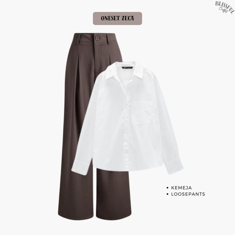 RAMADHAN SALE Zeca Oneset Outfit Wanita, Kemeja Oversize, Inner Top Wanita, Celana Kulot Wanita, OOTD Korean Baju Katun Loose Panjang 5