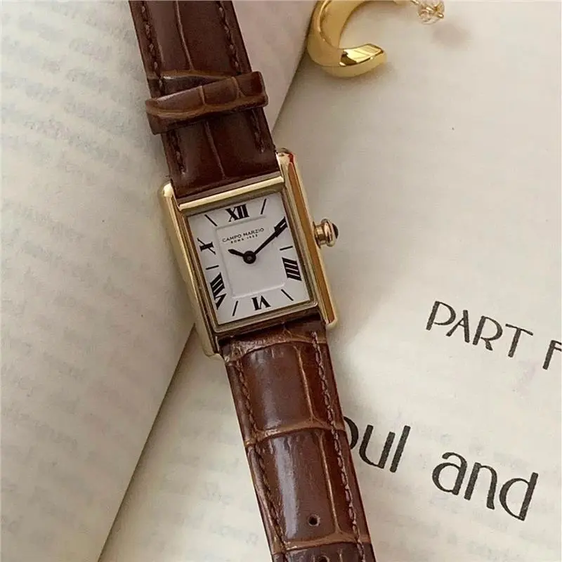 Italian Campo Marzio Roman Digital Niche Retro Square High Sense Small Tank Leather Watch Women
