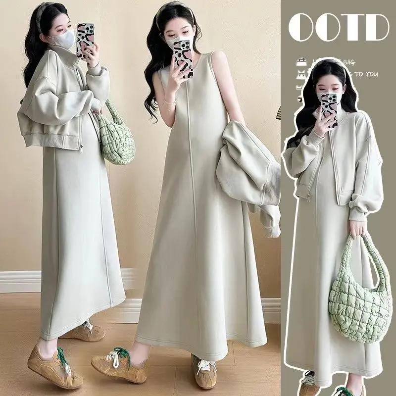 Quần Áo Bà Mang Thai, Bộ Đồ Hai Mảnh Áo Khoác Len Sành Điệu Thời Trang Mới Mùa Thu 2024, Váy, Thích Hợp Cho Mùa Thu Và Mùa Đông Đầm Bầu