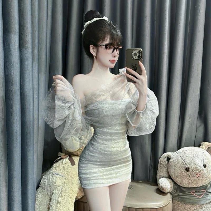 Đầm body ren phối lưới < 60kg màu xám, đen y hình đi tiệc giá rẻ 0
