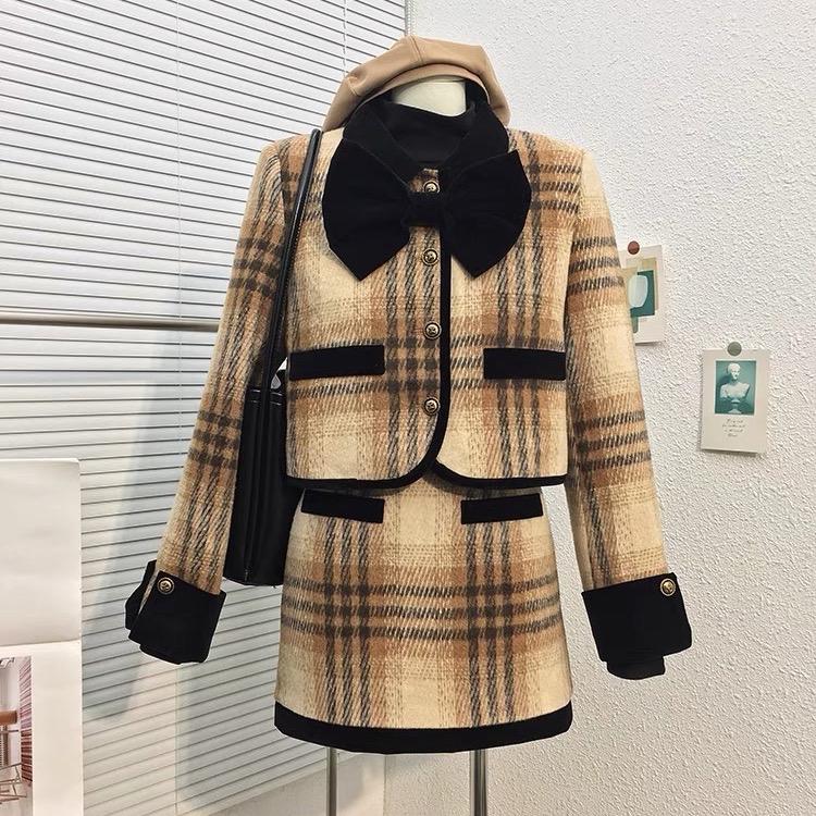 Set áo khoác dạ kẻ lông thỏ kèm chân váy đi chơi mặc Tết dạo phố  cho nữ 60-90kg Lisa.Bigsize