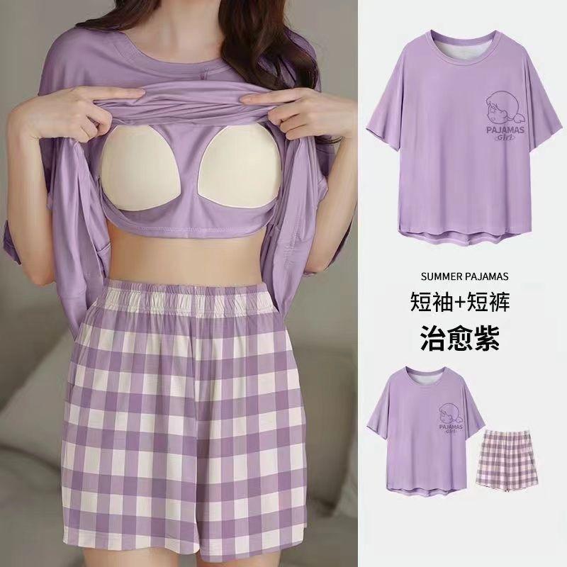 Product Introduction of Pajamas Women's Summer Short Oversleeves Sweet with Chest Pad Korean Cartoon Student Casual Homewear Loose plus Size Summer 31