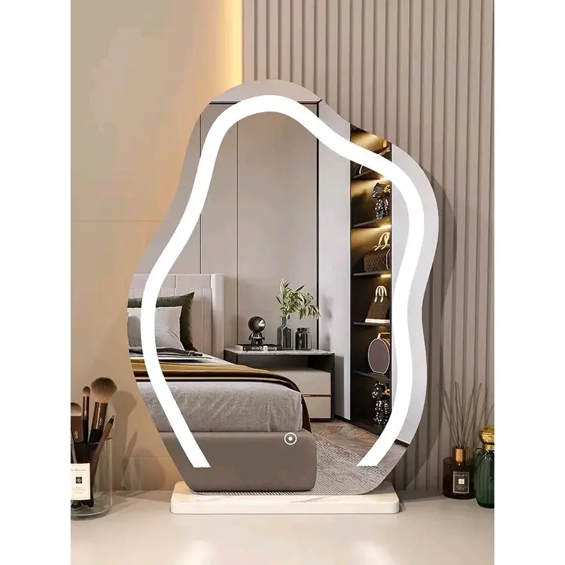 Gương hạt đậu để bàn trang điểm có viền phun cát Led cảm ứng ( tặng kèm đế gỗ ) 5