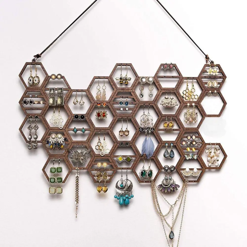 Wooden Honeycomb Design Jewelry Storage Rack, 1 Count Vintage Earring Display Rack, Jewelry Organizer for Earrings & Necklace