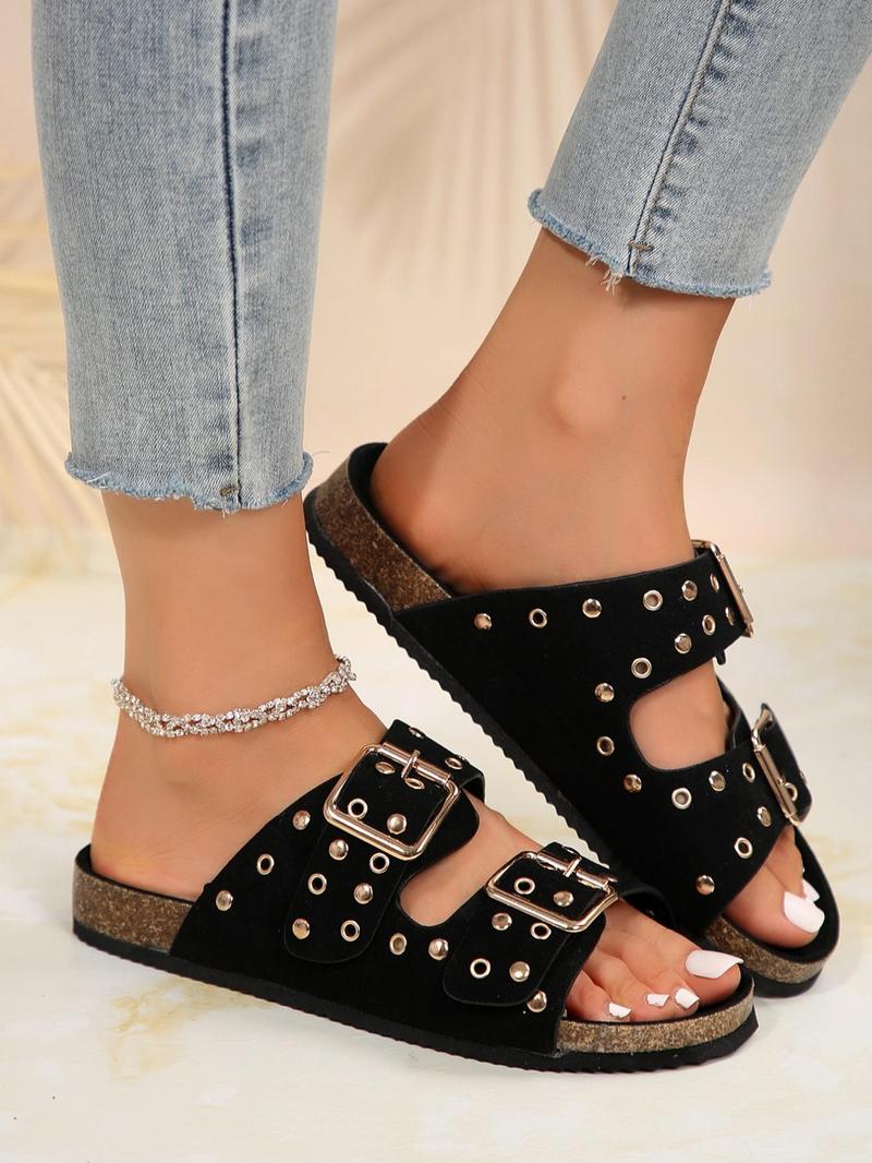 Product Introduction of Women's Rivet Decorated Slip on Sandals, Casual Versatile Summer Beach Sandals, Round Toe Thick Sole Sandals for Daily Wear, Valentine's Day, Gift 7