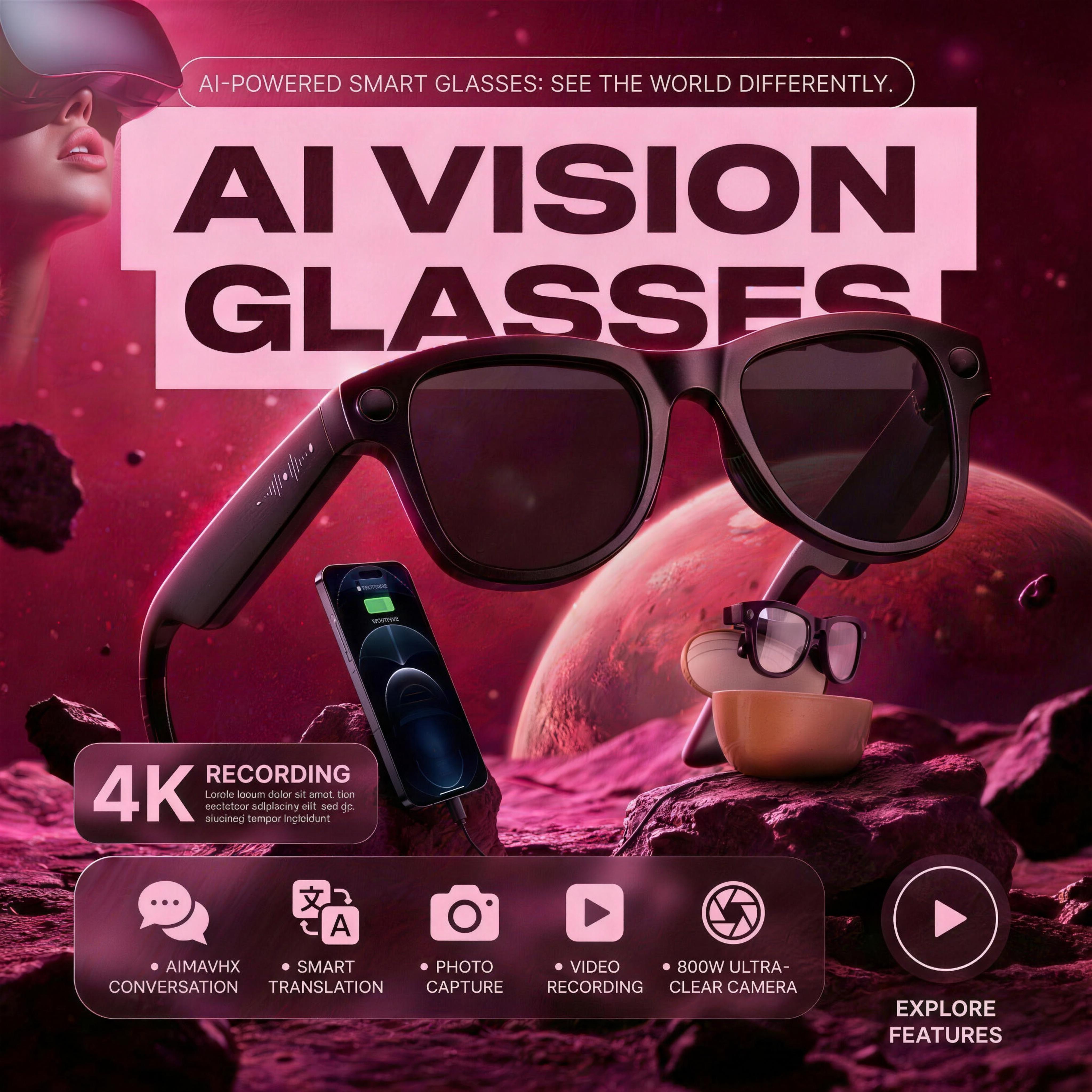 2026 New Intelligent AI Glasses 800W Pixel Camera HD 8K Video Recording AI Translation Music Control Intelligent Wearable Device - Image 2