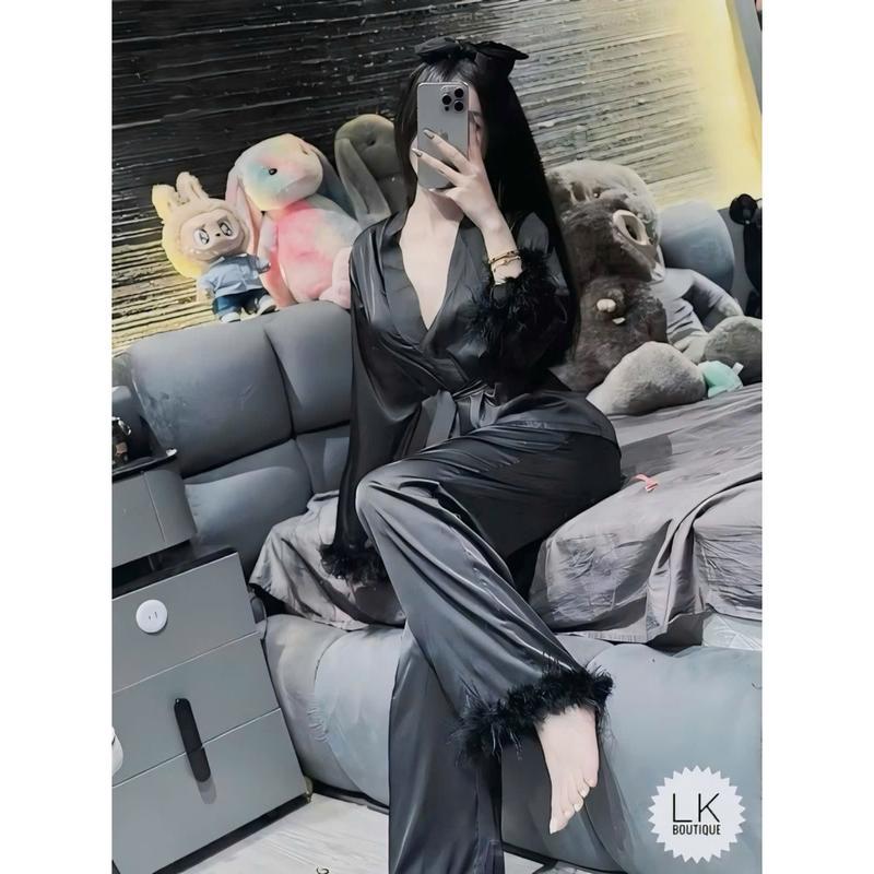 Đồ bộ mặc Pijama nữ nhà Osexy đính lông kiểu dáng kimono kèm dây cột tiện dụng hợp thời trang 8