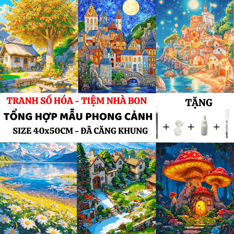 (40X50cm-CÓ BACKBOARD) TỔNG HỢP các mẫu tranh tô màu theo số PHONG CẢNH THIÊN NHIÊN có sẵn khung, cọ vẽ, màu vẽ, tặng màu bóng, bút xóa số, dung môi pha loãng và cọ chuyên dụng. Mua 3 tranh tặng 1 tranh Diy  vẽ theo số   painting