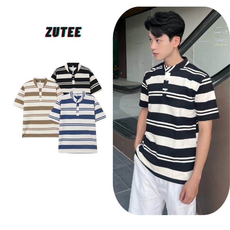 Áo thun kẻ ngang nam nữ, áo phông kẻ sọc cộc tay cổ cúc ZUTEE.3 màu sọc ĐEN-XANH-NÂU . Tay Ngắn Menswear Cổ Tròn