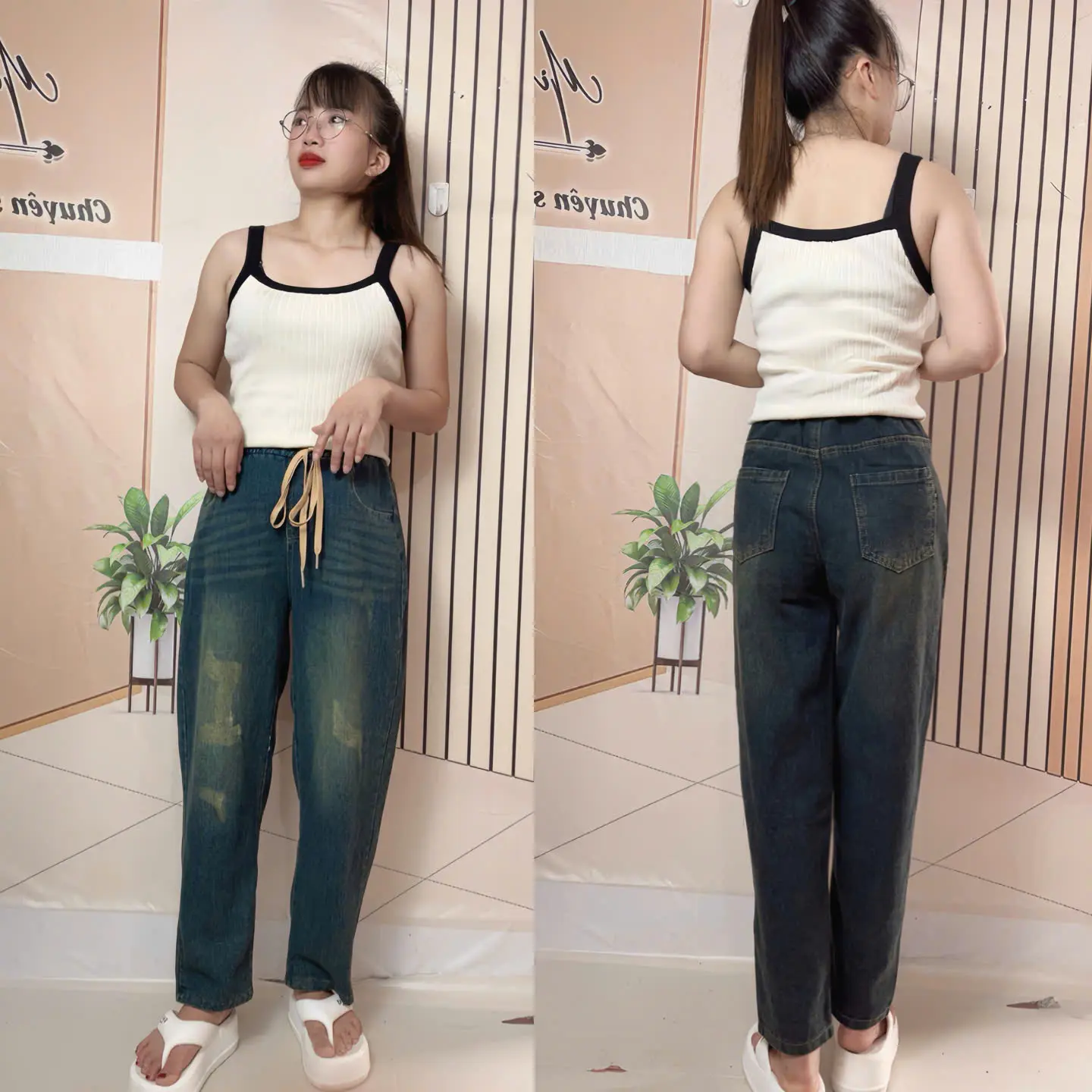 Quần Jeans Nữ Baggy Hoạ Tiết, Cạp Chun Lưng Cao - Pants Women