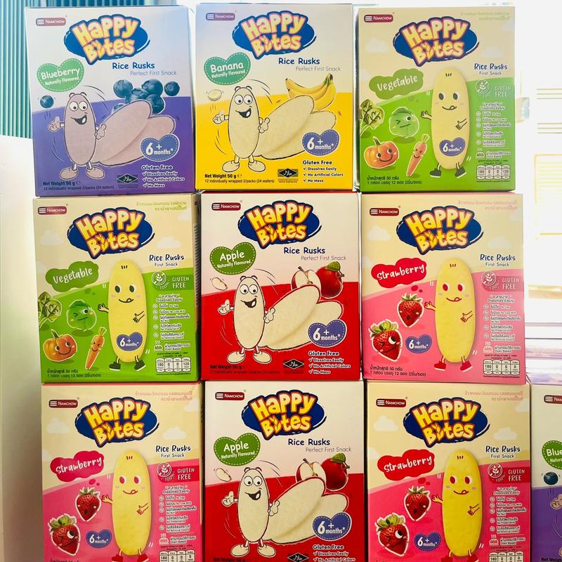 Bánh Gạo ăn dặm Happy Bites Thái vị táo, việt quốc và chuối, dâu , rau củ hộp 50g 12 cái cho bé
