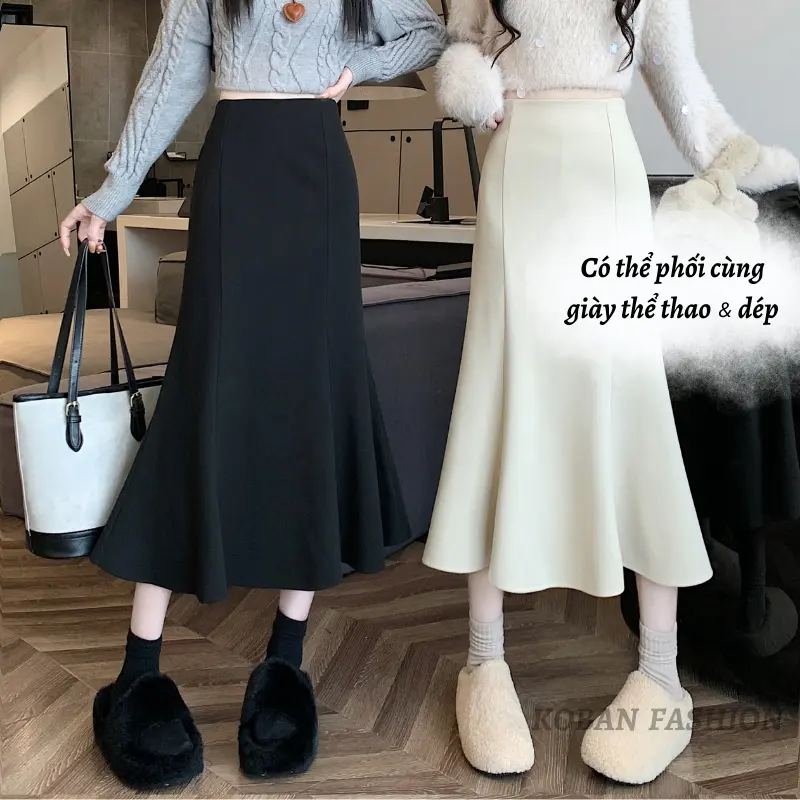 [KA07] Chân váy đuôi cá dáng dài KOBAN ôm body đen trắng có khóa kéo xẻ sau chất UMI hàn cao cấp siêu hách dáng Nữ Kem Cotton Women chân  váy