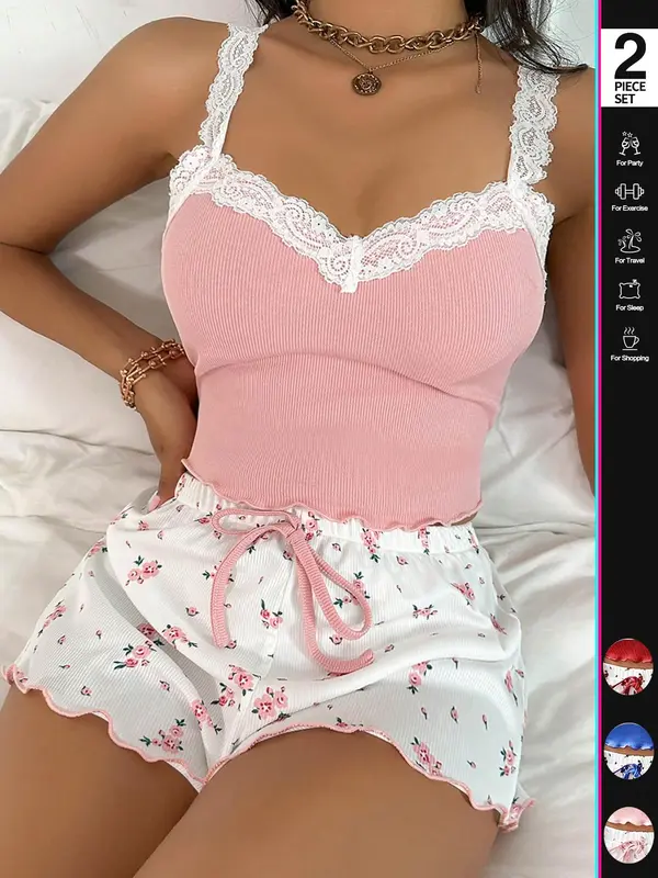 Women's Crop Tank Top & Floral Print Bow Front Shorts Pyjama Two-Piece Set, Casual Comfy Lace Trim Sleeveless Top & Shorts Set, Ladies Sleepwear for All Seasons, Loungewear 0