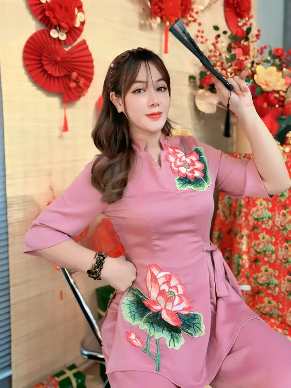 SET LAM HOA SEN THÊU CÓ DÂY CỘT (SD238) Set đồ lam đi chùa, bộ bà ba đi lễ chùa đầu năm 5