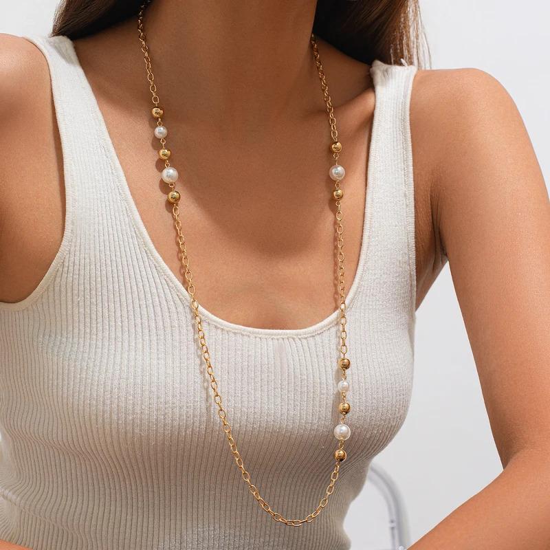New Arrival Minimalist Imitation Pearl CCB Beads Necklace Women  New Adjustable Long Chain Necklace Female Street Jewelry 1