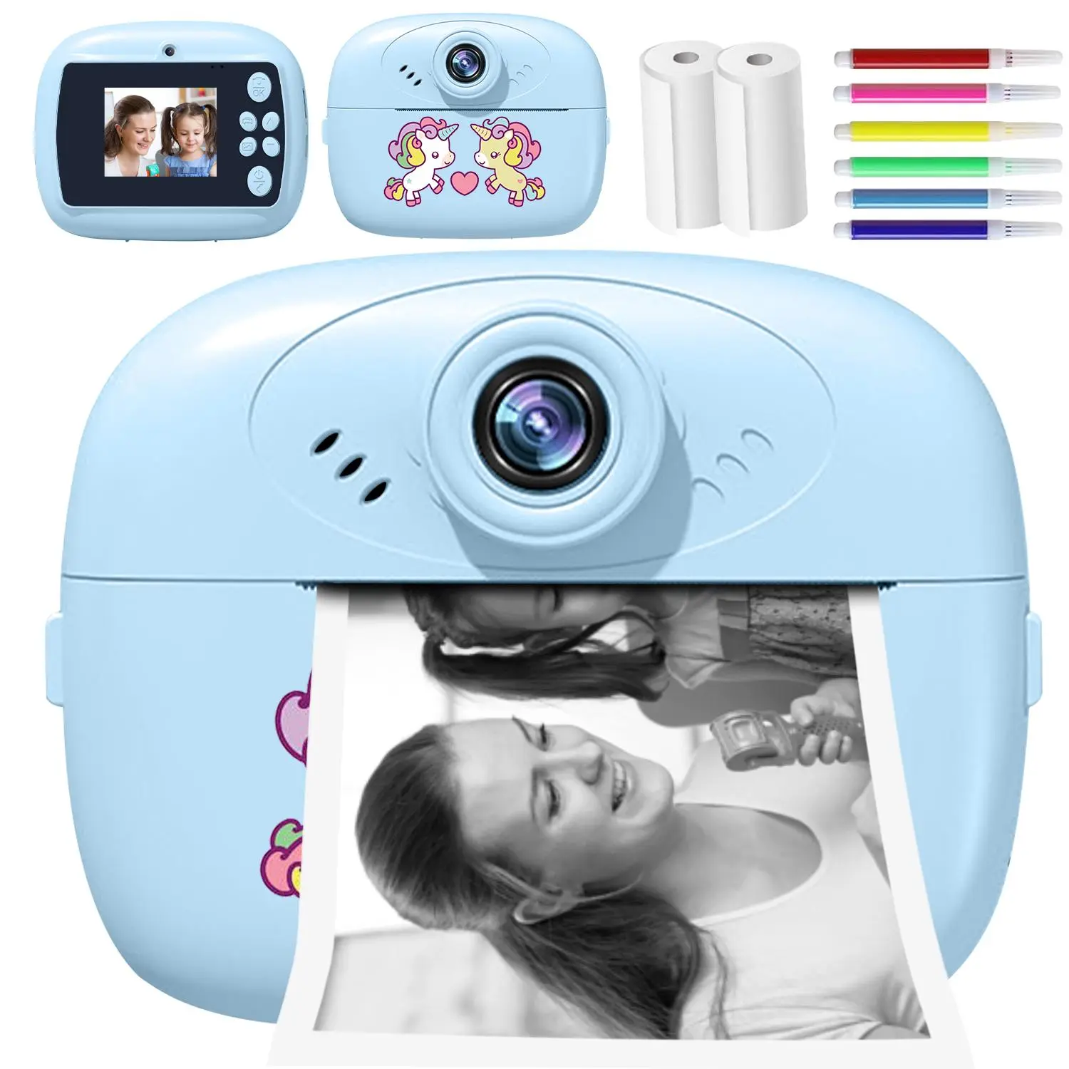 Instant Print Camera, 1 Set Screen Camera for Kids, Digital Camera with 2 Rolls Paper & 6 Pens, Birthday Gift Toys for Boys Girls