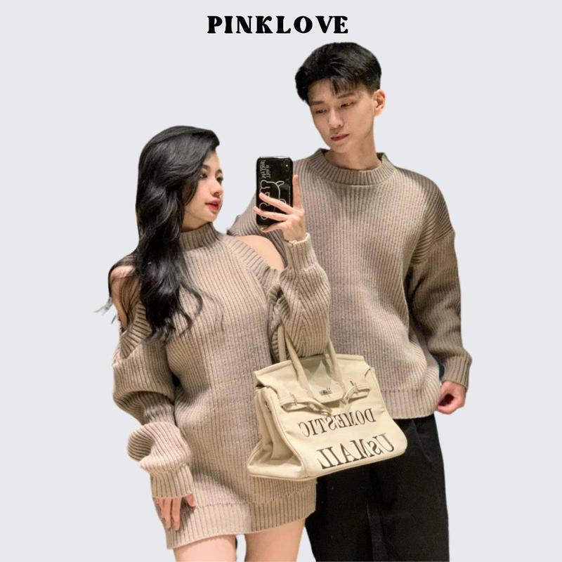Đồ cặp nam nữ set couple áo nam đầm nữ đồ đôi thu đông PINKLOVE khoét vai vải len dày dặn P127