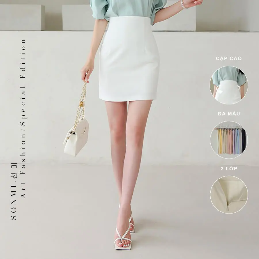 Chân váy chữ A ngắn nữ công sở ôm eo lưng cạp cao SONMI Hàn Quốc cao cấp co giãn 2 lớp màu đen trắng be nâu xanh hồng ARMANDE BARBE SK109 Lưng Cao Women