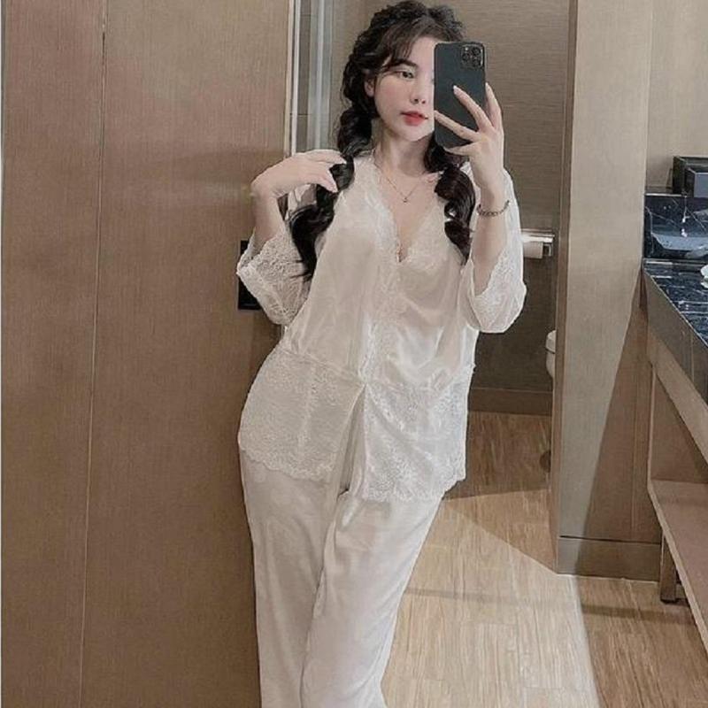 Đồ bộ nữ tay dài truyền thống cổ V ren thiết kế theo phong cách quảng châu Áo Top Women