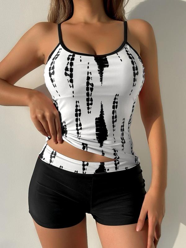 Two-Piece Set Women's Tie Dye Print Adjustable Strap Cami Tankini Top & Patchwork Shorts Tankini Set, Comfort Breathable Casual Swimsuit for Beach, Ladies Swimwear 8